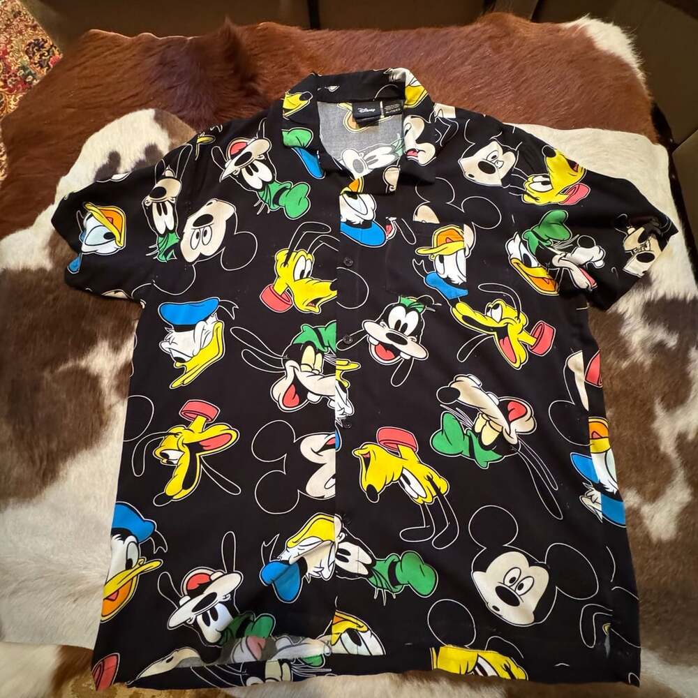 Disney Mickey Mouse Donald Goofy Pluto Mens XL Black Button Shirt Rayon